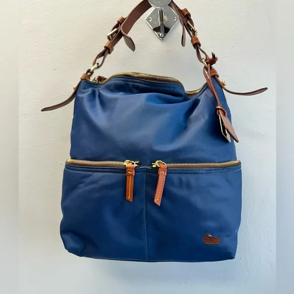 Dooney & Bourke Navy Nylon Shoulder Bag with Brown Leather Trim - Picture 1 of 9